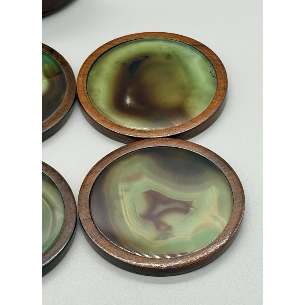 Vintage MCM Green Agate Wood Coaster Set Caddy Novelty Phallic UV Glow 7pc